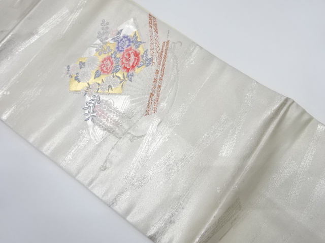 扇に牡丹・菊・藤模様織出し名古屋帯